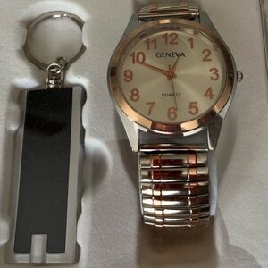 Geneva Two-Tone Silver and Gold Watch with Black Keychain Flashlight